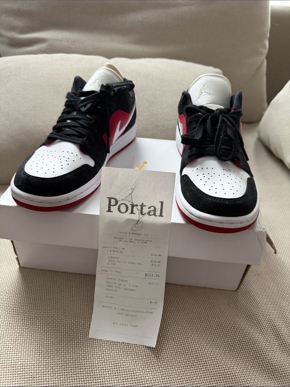 Jordan Low-Top Sneakers in White, Black & Red